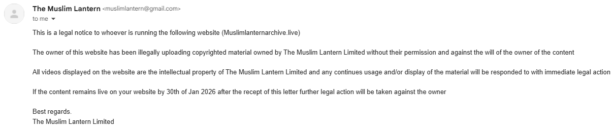 Legal Notice from The Muslim Lantern